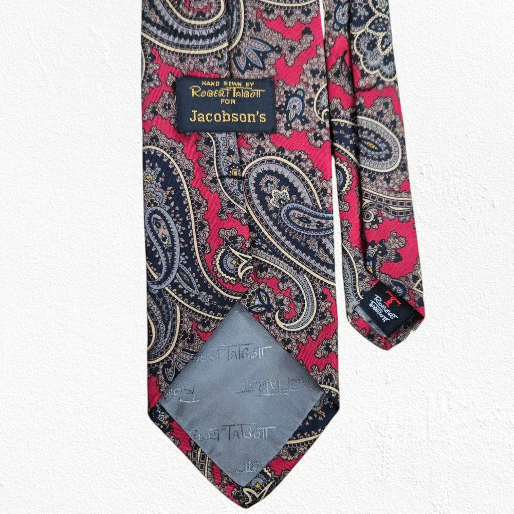 Vintage 80s Red Paisley Damask Silk Tie Hand Sewn USA Made Italy Fabric